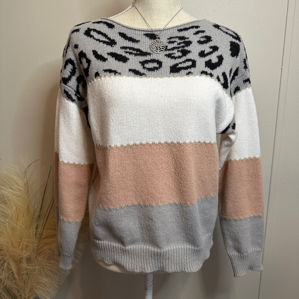 Pink/Grey/White Leopard Sweater